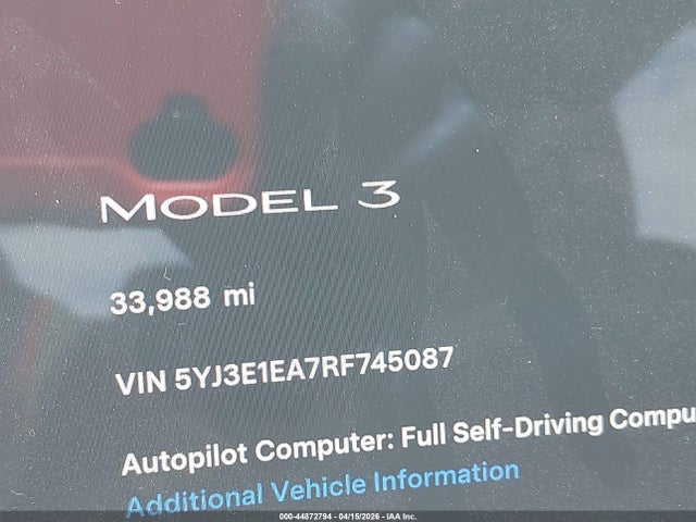 2024 Tesla Model 3 Long Range Dual Motor All-wheel Drive/rear-wheel Drive მანქანა იყიდება აუქციონზე, vin: 5YJ3E1EA7RF745087, აუქციონის ნომერი: 44872794