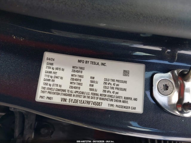 2024 Tesla Model 3 Long Range Dual Motor All-wheel Drive/rear-wheel Drive მანქანა იყიდება აუქციონზე, vin: 5YJ3E1EA7RF745087, აუქციონის ნომერი: 44872794