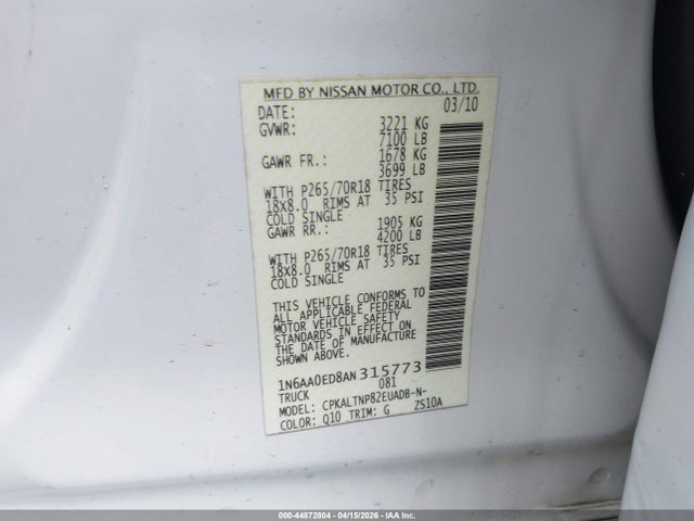 2010 Nissan Titan Se მანქანა იყიდება აუქციონზე, vin: 1N6AA0ED8AN315773, აუქციონის ნომერი: 44872804