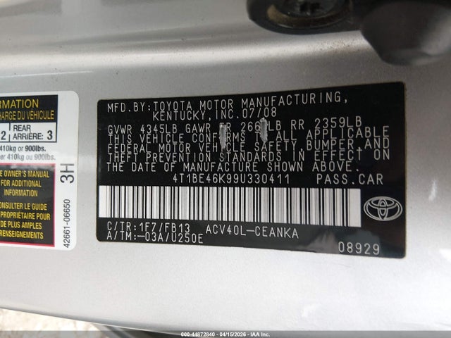 2009 Toyota Camry Le მანქანა იყიდება აუქციონზე, vin: 4T1BE46K99U330411, აუქციონის ნომერი: 44872840