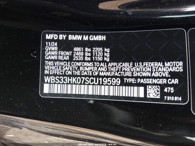 44872849 :رقم المزاد ، WBS33HK07SCU19599 vin ، 2025 Bmw M4 Competition Xdrive مزاد بيع
