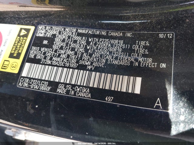 44872888 :رقم المزاد ، 2T2BK1BA2DC181897 vin ، 2013 Lexus Rx 350 مزاد بيع
