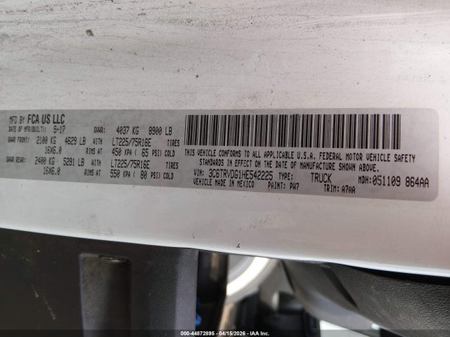 Продаж на аукціоні авто 2017 Ram Promaster 2500 High Roof 159 Wb, vin: 3C6TRVDG1HE542225, номер лоту: 44872895