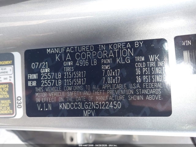 Aukcja sprzedaży 2022 Kia Niro Ev Ex, vin: KNDCC3LG2N5122450, numer aukcji: 44872899