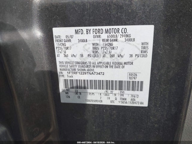 Aukcja sprzedaży 2007 Ford F-150 Stx/xl/xlt, vin: 1FTRF12297NA73472, numer aukcji: 44872904