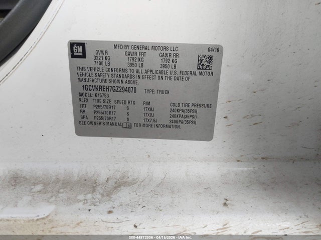 Aukcja sprzedaży 2016 Chevrolet Silverado 1500 1lt, vin: 1GCVKREH7GZ294070, numer aukcji: 44872906