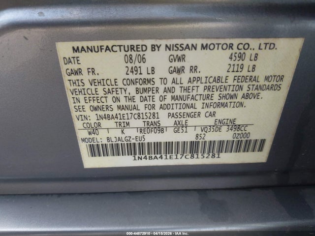 44872910 :رقم المزاد ، 1N4BA41E17C815281 vin ، 2007 Nissan Maxima 3.5 Sl مزاد بيع