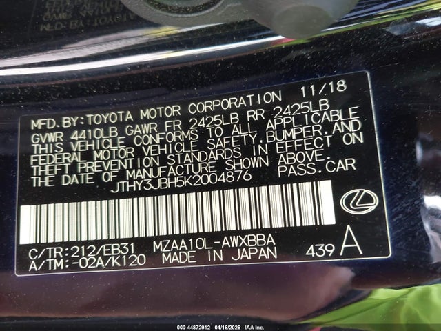 Aukcja sprzedaży 2019 Lexus Ux 200 F Sport, vin: JTHY3JBH5K2004876, numer aukcji: 44872912