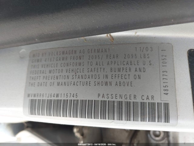 44872913 :رقم المزاد ، WVWRR61J64W115745 vin ، 2004 Volkswagen Jetta Gl Tdi مزاد بيع