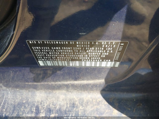 44872915 :رقم المزاد ، 3VW3L7AJ7CM471307 vin ، 2012 Volkswagen Jetta 2.0l Tdi مزاد بيع