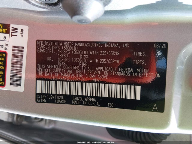 5TDGZRAH2LS508128 Toyota Highlander Xle
