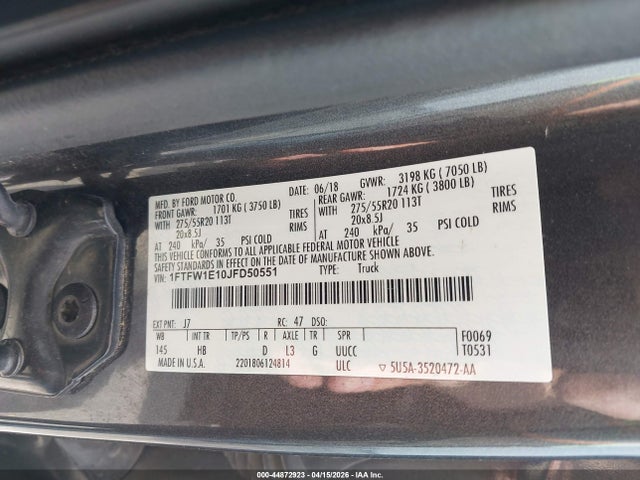 Aukcja sprzedaży 2018 Ford F-150 Lariat, vin: 1FTFW1E10JFD50551, numer aukcji: 44872923