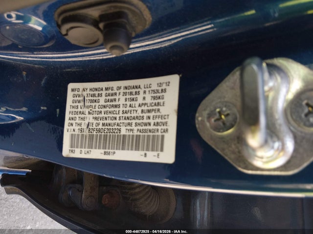 44872925 :رقم المزاد ، 19XFB2F59DE203226 vin ، 2013 Honda Civic Lx مزاد بيع