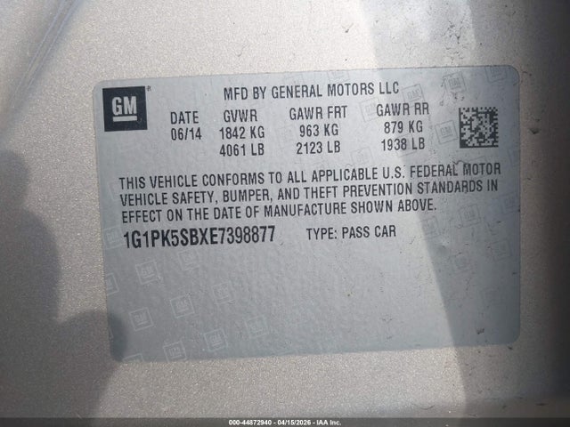 Aukcja sprzedaży 2014 Chevrolet Cruze Lt, vin: 1G1PK5SBXE7398877, numer aukcji: 44872940