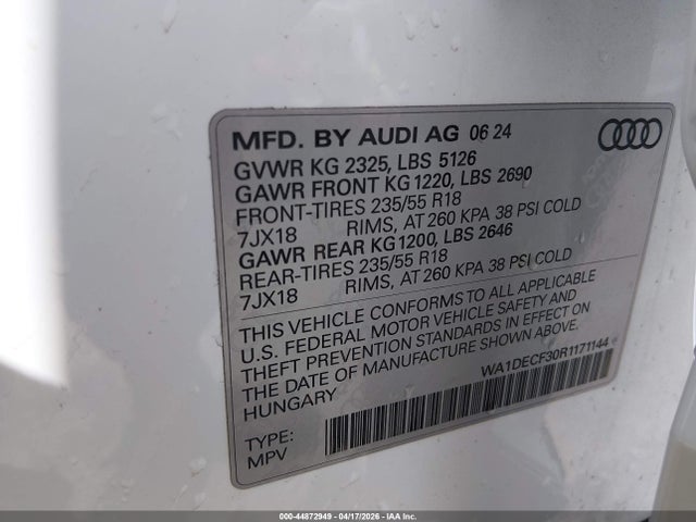 Продаж на аукціоні авто 2024 Audi Q3 Premium 45 Tfsi S Line Quattro Tiptronic, vin: WA1DECF30R1171144, номер лоту: 44872949