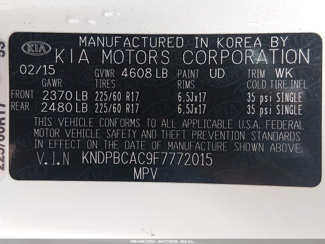 Aukcja sprzedaży 2015 Kia Sportage Lx, vin: KNDPBCAC9F7772015, numer aukcji: 44872955