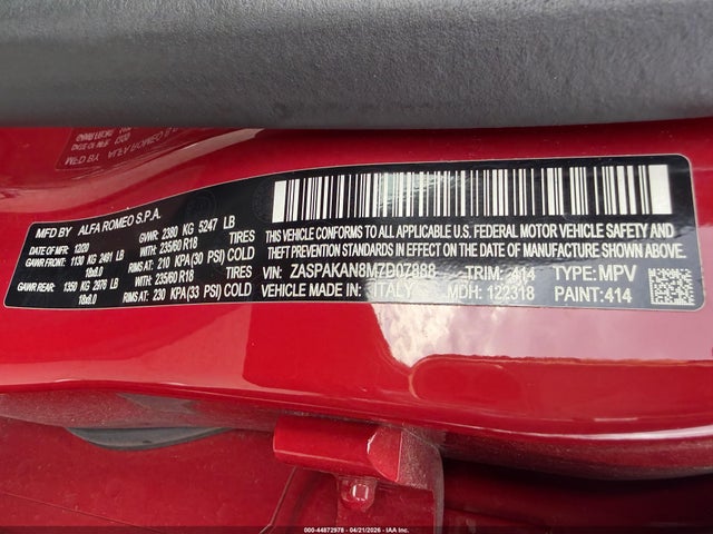 44872978 :رقم المزاد ، ZASPAKAN8M7D07888 vin ، 2021 Alfa Romeo Stelvio Sport مزاد بيع