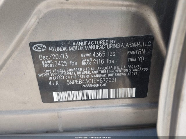 2014 Hyundai Sonata Gls მანქანა იყიდება აუქციონზე, vin: 5NPEB4AC1EH872021, აუქციონის ნომერი: 44872981