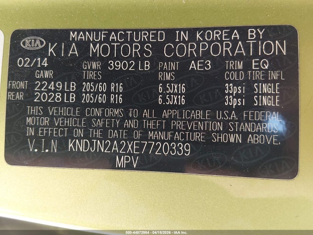 Aukcja sprzedaży 2014 Kia Soul, vin: KNDJN2A2XE7720339, numer aukcji: 44872984