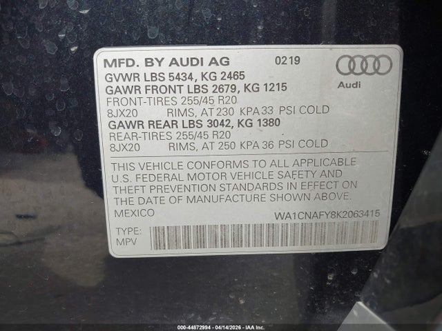 Aukcja sprzedaży 2019 Audi Q5 45 Premium, vin: WA1CNAFY8K2063415, numer aukcji: 44872994