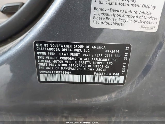 1VWBN7A39EC085094 Volkswagen Passat 2.0l Tdi Se