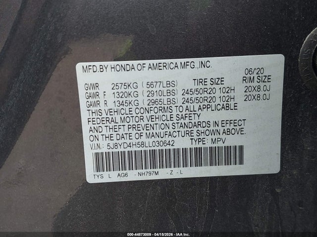 Aukcja sprzedaży 2020 Acura Mdx Technology Package, vin: 5J8YD4H58LL030642, numer aukcji: 44873009
