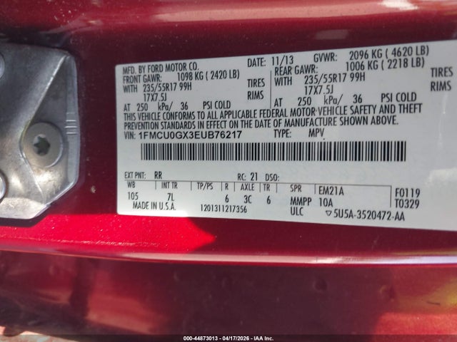 Продаж на аукціоні авто 2014 Ford Escape Se, vin: 1FMCU0GX3EUB76217, номер лоту: 44873013
