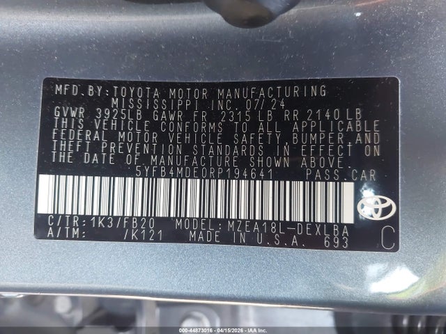 Aukcja sprzedaży 2024 Toyota Corolla Le, vin: 5YFB4MDE0RP194641, numer aukcji: 44873016