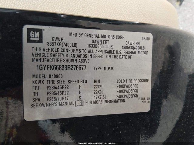 Продажа на аукционе авто 2008 Cadillac Escalade Esv Standard, vin: 1GYFK66838R276677, номер лота: 44873020