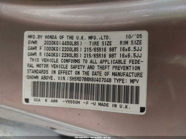 2006 HONDA CR-V SHSRD788X6U407048 Photo 8