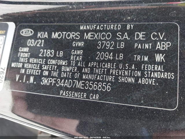 Продаж на аукціоні авто 2021 Kia Forte Gt-line, vin: 3KPF34AD7ME356856, номер лоту: 44873032