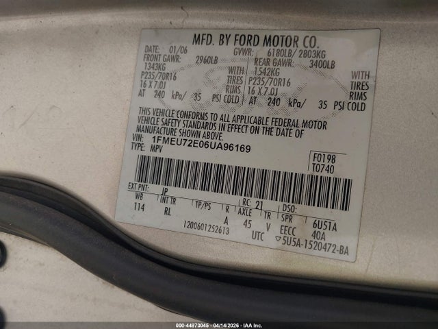 Aukcja sprzedaży 2006 Ford Explorer Xls, vin: 1FMEU72E06UA96169, numer aukcji: 44873045