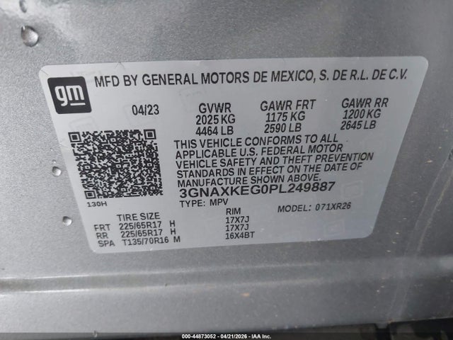 44873052 :رقم المزاد ، 3GNAXKEG0PL249887 vin ، 2023 Chevrolet Equinox Fwd Lt مزاد بيع