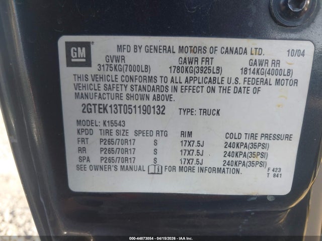 2005 Gmc Sierra 1500 Slt მანქანა იყიდება აუქციონზე, vin: 2GTEK13T051190132, აუქციონის ნომერი: 44873054