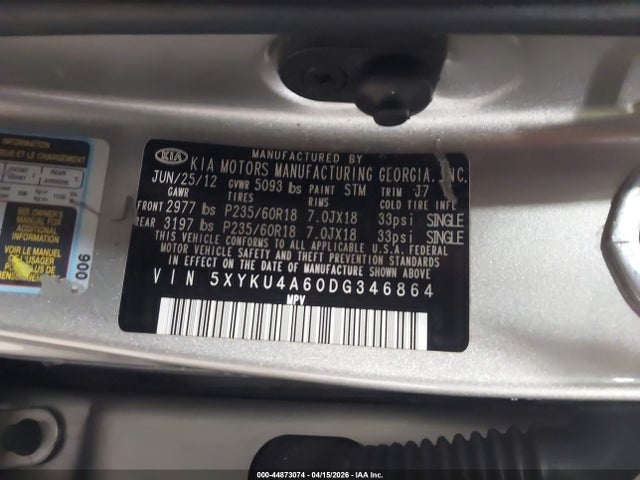 44873074 :رقم المزاد ، 5XYKU4A60DG346864 vin ، 2013 Kia Sorento Ex مزاد بيع