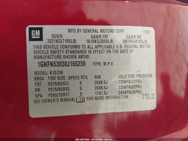 Продажа на аукционе авто 2008 Gmc Yukon Denali, vin: 1GKFK63838J166239, номер лота: 44873083