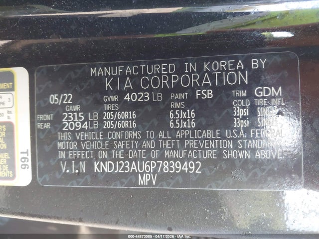 44873085 :رقم المزاد ، KNDJ23AU6P7839492 vin ، 2023 Kia Soul Lx مزاد بيع