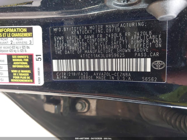 2020 Toyota Camry Le მანქანა იყიდება აუქციონზე, vin: 4T1C11AK3LU859625, აუქციონის ნომერი: 44873095