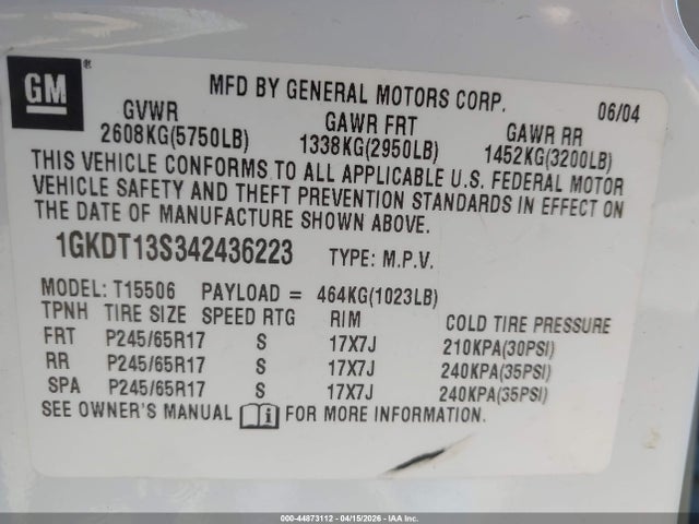 Продажа на аукционе авто 2004 Gmc Envoy Slt, vin: 1GKDT13S342436223, номер лота: 44873112