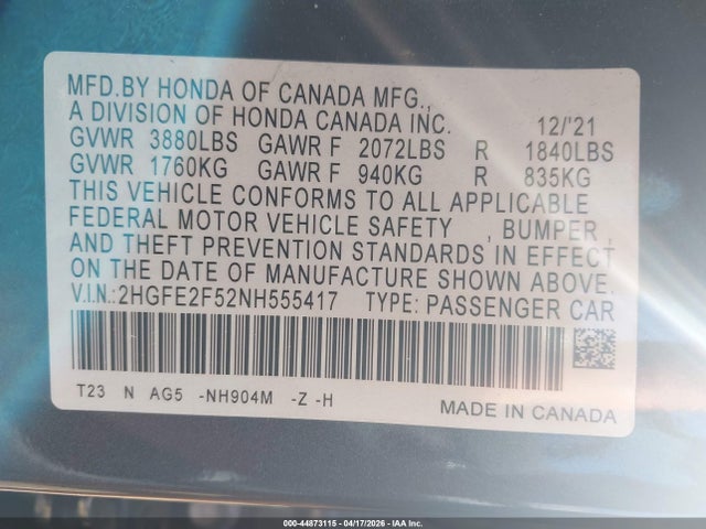 44873115 :رقم المزاد ، 2HGFE2F52NH555417 vin ، 2022 Honda Civic Sport مزاد بيع