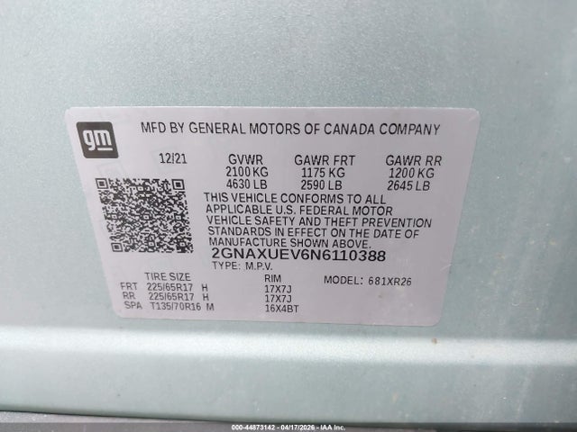 2022 Chevrolet Equinox Awd Lt მანქანა იყიდება აუქციონზე, vin: 2GNAXUEV6N6110388, აუქციონის ნომერი: 44873142