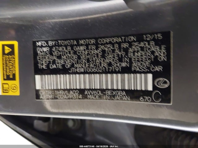 44873148 :رقم المزاد ، JTHBW1GG6G2117191 vin ، 2016 Lexus Es 300h مزاد بيع