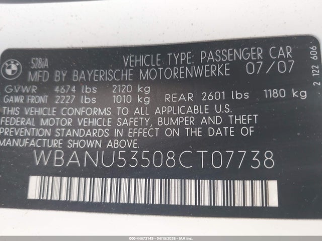2008 Bmw 528i მანქანა იყიდება აუქციონზე, vin: WBANU53508CT07738, აუქციონის ნომერი: 44873149