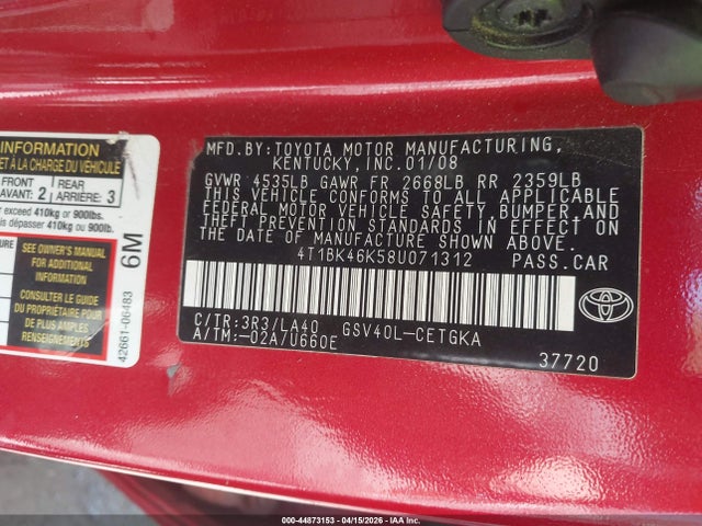 Aukcja sprzedaży 2008 Toyota Camry Xle V6, vin: 4T1BK46K58U071312, numer aukcji: 44873153