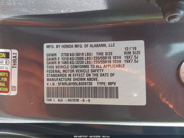 5FNRL6H95LB039726 Honda Odyssey Elite