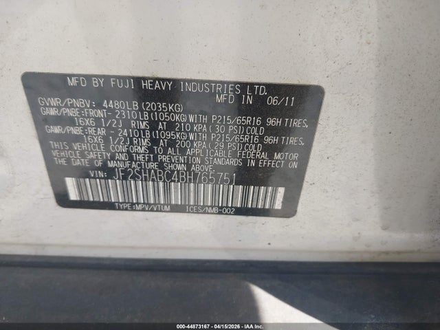 44873167 :رقم المزاد ، JF2SHABC4BH765751 vin ، 2011 Subaru Forester 2.5x مزاد بيع