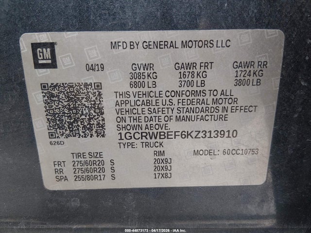 44873173 :رقم المزاد ، 1GCRWBEF6KZ313910 vin ، 2019 Chevrolet Silverado 1500 Custom مزاد بيع