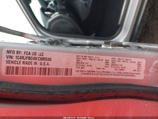 Продажа на аукционе авто 2021 Jeep Grand Cherokee Limited 4x4, vin: 1C4RJFBG4MC699543, номер лота: 44873175