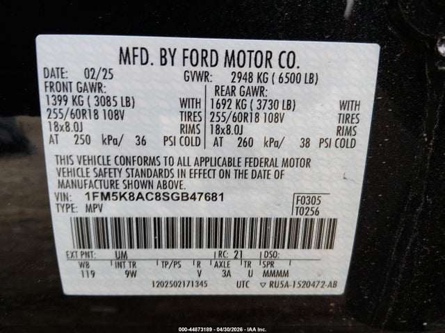 44873189 :رقم المزاد ، 1FM5K8AC8SGB47681 vin ، 2025 Ford Police Interceptor Utility مزاد بيع