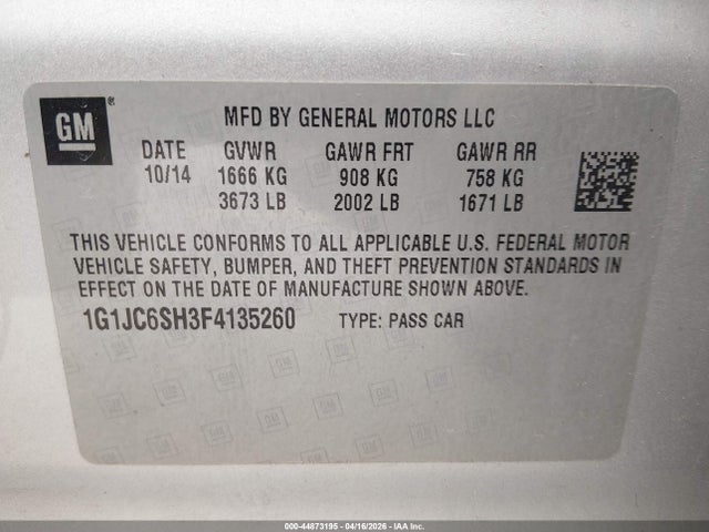 2015 Chevrolet Sonic Lt Auto მანქანა იყიდება აუქციონზე, vin: 1G1JC6SH3F4135260, აუქციონის ნომერი: 44873195